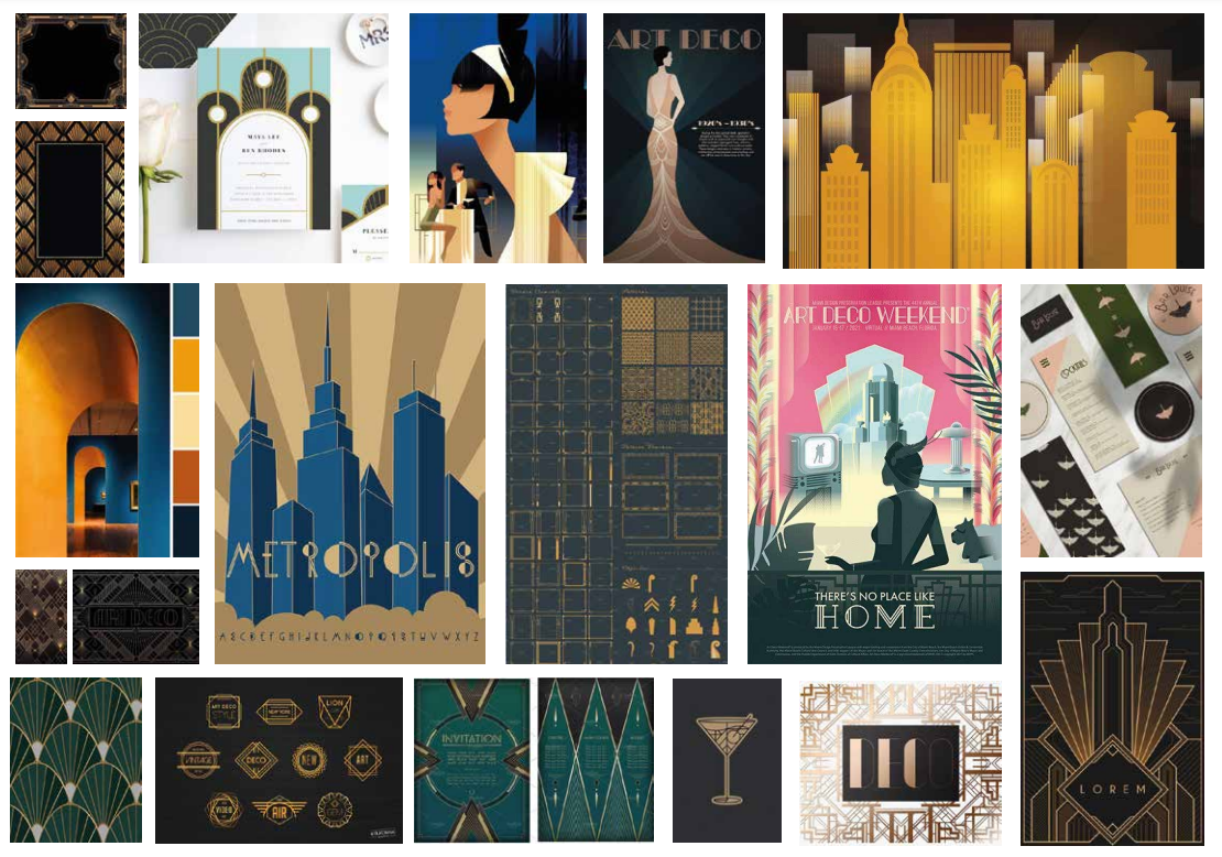 various Art Deco-style images arranged in a mood board